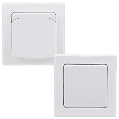 Image de Delphi Prise interrupteur IP44 avec cadre et à bascule encastrables couvercle rabattable, pour pièces humides extérieur, 230 V Blanc