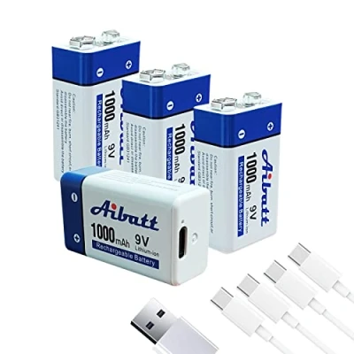 Image de Aibatt Batterie 9V 1000mAh,avec connecteur de Charge Type C,Li ION 6F22 Rechargeable pour Microphone,détecteur fumée,Jouet électronique,Talkie walkie,Batteries monoblo (4 Pack)