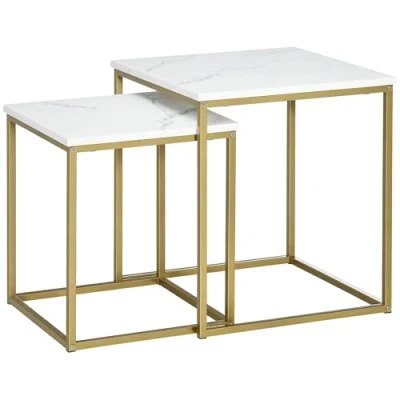 Image de HOMCOM Lot de 2 Tables Basses gigognes carrées Plateau Blanc Aspect marbre et Pied en Acier doré