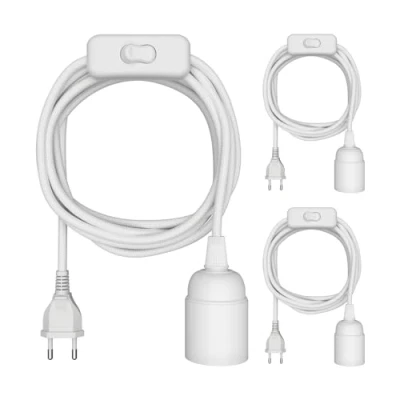 Image de ledscom.de 3 pièces câble textile LEHA, fiche, interrupteur, blanc, m, douille de lampe, 1x E27 max. 60W