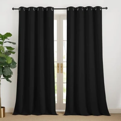 Image de NICETOWN Rideaux Occultants Thermique Anti Froid à Oeillets de Fenêtre Tissu Opaque Lumineux Bloquer Isolation du Chaud pour Chambre Salon, L 140 x H 240 cm, Noir, Lot 2