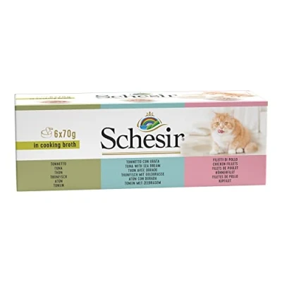 Image de Schesir Cat in Bouillon Nourriture pour Chat Humide avec Thon, Filet de Poulet et dorade dans Son Propre Cuisson, Haute tolérance, Multipack en Conserve (6 x 70 g)