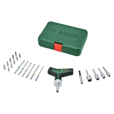 Image de Bosch Set 22 tournevis cliquet/embout, poignée T (couple max. 46 Nm ; méc. 36 dents porte emb. magn; Softgrip ergo; 16 acier S2 4 tourne écr; coffr.)