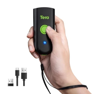 Image de Tera Mini Scanner de Codes Barres 1D : Laser sans Fil résistant à l&#039;eau Poche Compatible avec Bluetooth Câble USB Portable Fonctionne iOS Windows Android 1100L Vert