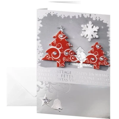 Image de SIGEL DS454 10 cartes de noël ou vœux fournies avec leur enveloppe, motif sapins noël, 10,5 x 14,8 cm, gris, blanc, rouge et argenté, facile à imprimer