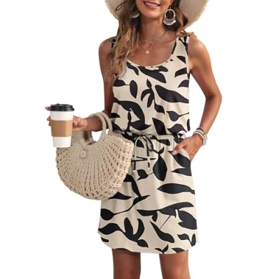 Image de WNEEDU Robe d&#039;été sans Manches pour Femmes Robes de Plage à col en U avec Cordon Serrage et Poches Feuille Abricot Noir XXL