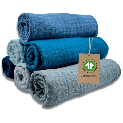 Image de mimaDu lingettes lavables Bebe Bio Petite Serviette Visage Douce Coton Toilette lingette lot de 6 100% (GOTS) 25x25cm (Ocean)