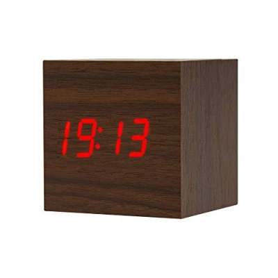 Image de ThreeH Réveil en Bois Affichage numérique Forme Cube avec Le Temps et Température Sound Control Bureau pour Voyage Enfants Chambre Accueil AC10 Marron