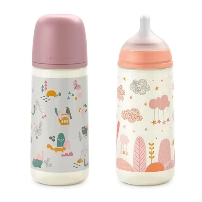 Image de Suavinex, Lot 2 Biberons 360 ml. Biberon Avec Tétine Symétrique SX Pro en Silicone à Débit Rapide (L). Valve Anti Colique. Fin Ultra Doux. Pour Bébés, +6 Mois. Rose