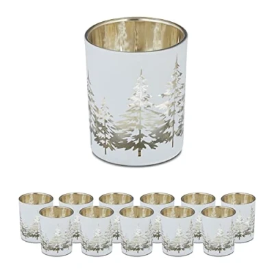 Image de Relaxdays Verres à Bougies Chauffe Plat en Lot de 12, avec Motif Sapin, photophore noël, HxD: 8,5x7 cm, Blanc Or