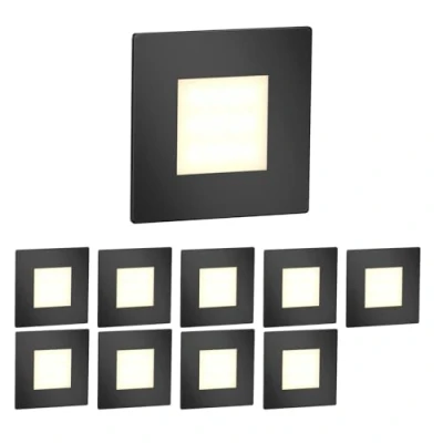 Image de ledscom.de 10 pièces Lumière d&#039;escalier LED/lampe murale encastrée FEX pour l&#039;intérieur et l&#039;extérieur, carrée, noire, 85 x 85mm, blanc chaud