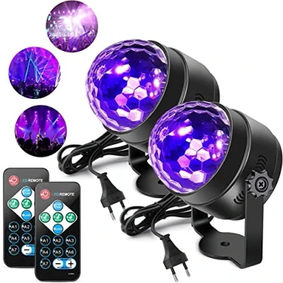 Image de Boule disco à lumière noire UV, LUNSY 6W LED Lumières de scène activée par la musique 7 modes d&#039;éclairage Effets avec télécommande pour Halloween Décoration DJ Party