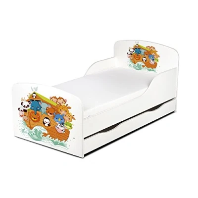 Image de Leomark Moderne Lit d&#039;enfant Toddler avec Matelas et Un tiroir Couleur Blanc Motif: Arche de Noé Meubles pour Enfants Confortable Fonctionnel Simple Zone Couchage 70/140 cm
