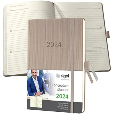 Image de SIGEL C2460 Agenda semainier 2024, A5, couverture rigide, taupe Conceptum