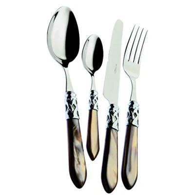 Image de BUGATTI, Aladdin, Service de Couverts 24 pièces en Acier Inoxydable 18/10, Anneau chromé et poignée Noire Effet nacré. Set 6 Personnes: cuillères, fourchettes, Couteaux cuillères à café