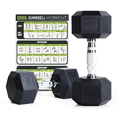 Image de PhysKcal Lot d&#039;haltères hexagonaux de 10 kg, inodores en polycaoutchouc, 5 7,5 12,5 15 20 paire ou ensemble poids simples pour salle sport à domicile