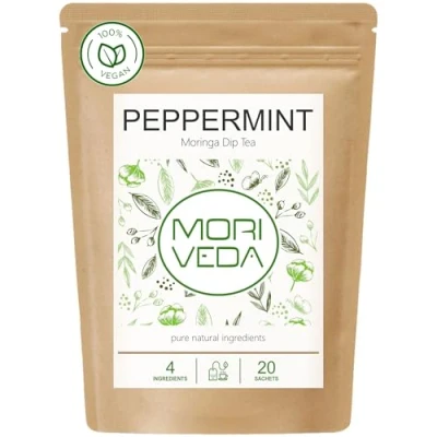 Image de MoriVeda® Moringa Dip Thé 100% naturel &amp; végétalien (au choix : mélange de feuilles moringa, pomme cannelle, grenade, gingembre, menthe). Produit qualité MoriVeda (20 sachets menthe)