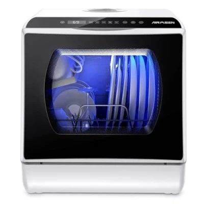 Image de AIRMSEN Mini Lave Vaisselle de Comptoir, 5+1 Programmes, Réservoir d&#039;Eau 5L, Contrôle Tactile et Écran LED, Adapté pour les Cuisines Familiales, Appartements Dortoirs, Blanc noir