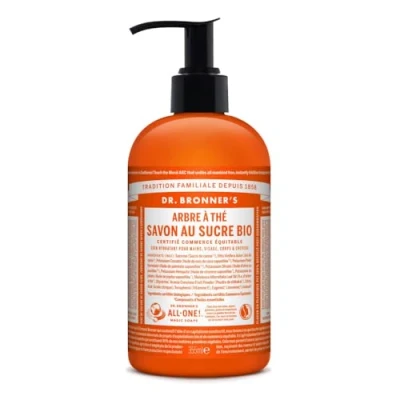 Image de Savon Liquide au Sucre Bio Arbre à thé flacon pompe Dr Bronner&#039;s 355 ml