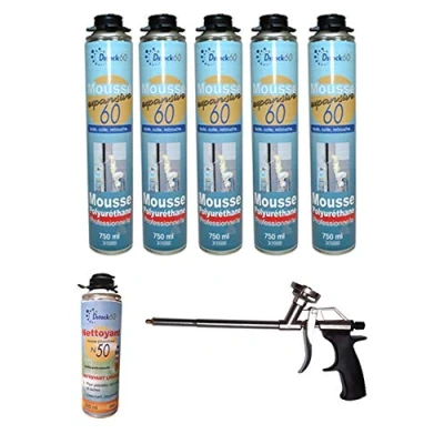Image de DSTOCK60 LOT DE 5 MOUSSES PISTOLABLES + 1 PISTOLET NETTOYANT MOUSSE EXPANSIVE 750 ML POLYURÉTHANE PROFESSIONNELLE ISOLE, COLLE ET REBOUCHE EXTÉRIEUR INTÉRIEUR