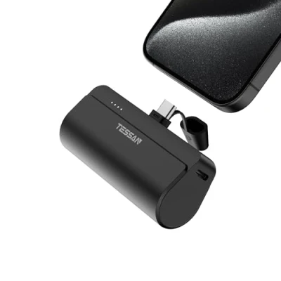Image de TESSAN Batterie Externe Charge Rapide, 5000mAh, Mini pour Phone et Pad, Connecteur USB C Intégré 10,5W, Voyage Camping, Noir