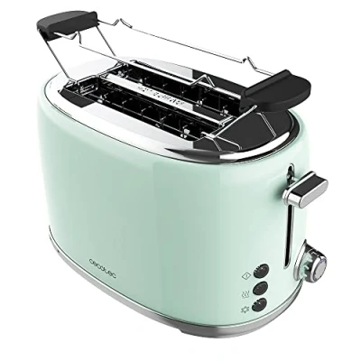 Image de Cecotec Toast&amp;Taste 1000 Retro Double Beige 2 Slice Toaster. 980 W, Wide and Short Slots of 3.8 cm, Stainless Steel, Upper Heating Rods, Adjustable Power, Crumb Tray