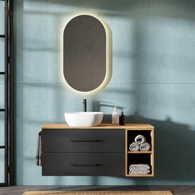 Image de Planetmöbel Lux Ensemble de meubles salle bain avec lavabo 120 cm suspendu et à poser 42 blanc, meuble chêne doré/anthracite