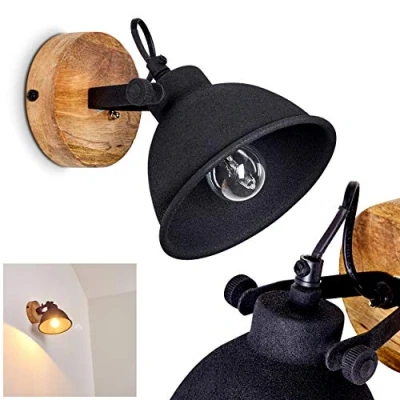 Image de Applique murale Svanfolk en métal noir mat et bois, spot mural rotatif au style rétro industriel idéal dans un salon vintage, pour 1 ampoule E14, ampoule(s) non incluse(s)