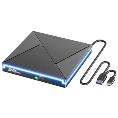 Image de Lecteur CD/DVD Externe pour PC, USB 3.0 et C Graveur DVD avec RGB, Portable /+RW Drive, Mince Player Transmission Rapide Câble Intégrée Windows/MacOS/Laptop/Desktops