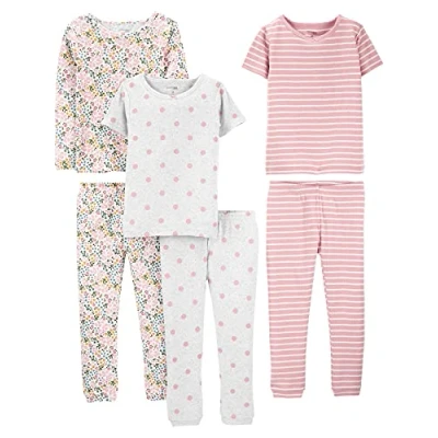 Image de Simple Joys by Carter&#039;s 6 Piece Snug Fit Cotton Pajama Set Ensemble de Pijama, Blanc Motif Liberty/Gris Points/Rose Rayures, 9 Mois (Lot 3) Bébé Fille