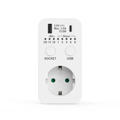 Image de Perfect Prise de Courant avec minuteur 230 V, Compte à rebours, Port USB et C, programmable, minuterie Blanche