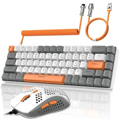 Image de YINDIAO T8 Combos Clavier et Souris de Jeu 60% RVB + Câble USB C Spiralé,Clavier Mécanique Filaire,Disposition Compacte 68 Touches TKL,Souris en Nid d&#039;abeille,Jusqu&#039;à 6400 DPI,pour PC PS5,Gris Clair