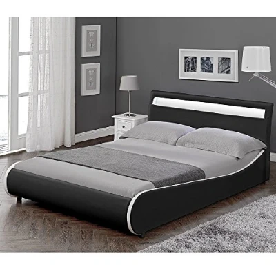 Image de Corium Lit Double Rembourré Éclairage LED Integré Sommier à Lattes 140 x 200 cm Housse Similicuir Noir Blanc