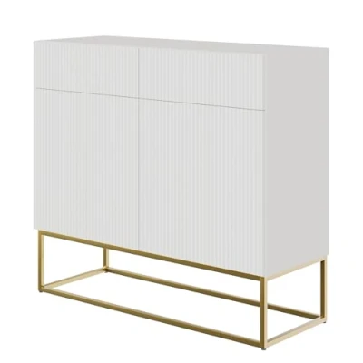 Image de Selsey Commode Armoire 2 Portes Tiroirs Façade Fraisée 100 cm sur Pieds Dorés Meuble De Rangement Blanc Veldio
