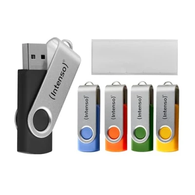 Image de Intenso Basic Line Lot de 5 clés USB 2.0 16 Go avec étiquettes Pratiques, Jaune, Vert, Noir, Bleu + Orange, Anse en métal argenté