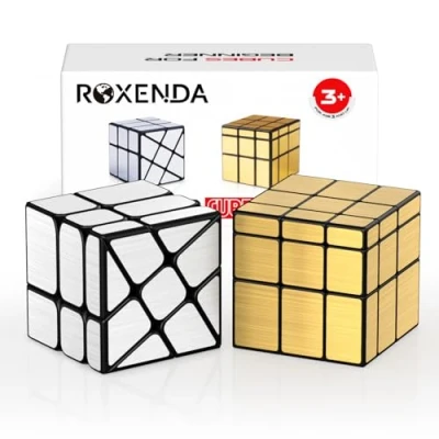 Image de ROXENDA Speed Cube Ensemble de 2 Gold Mirror S Cube, Silver Windmirror Irrégulier Speedcubing 3x3x3 Twisty Box Puzzle