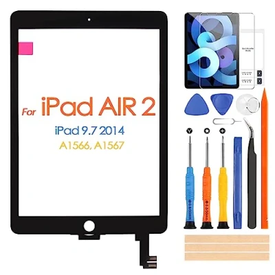 Image de Écran tactile pour iPad 6 Air 2 9,7 A1566 A1567 Verre Digitizer Panneau avec Film Trempé Gratuit, Réparation Kit (Non LCD Affichage) (Black)