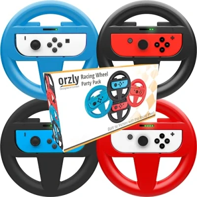 Image de Orzly Multi Pack des 4 Volants pour Mariokart sur Nintendo Switch [Pack Comprenant: 1* Volant Rouge + Bleu 2* Noir] (la Console et Les manettes Joy Con ne sont Pas incluses)