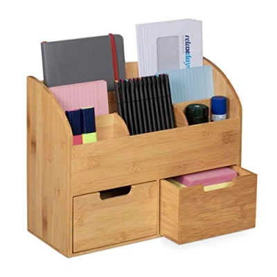 Image de relaxdays Organiseur de Bureau, 6 Compartiments, 2 tiroirs, Fournitures, Bambou, Rangement, 26 x 33 13,5 cm, Nature