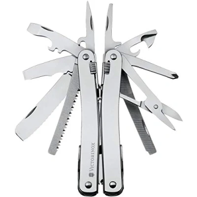 Image de Victorinox Swiss Tool Couteau de Poche Suisse, Multifonctions, 28 Fonctions, Tire Bouchon, Lame Fixe, Etui, Argent