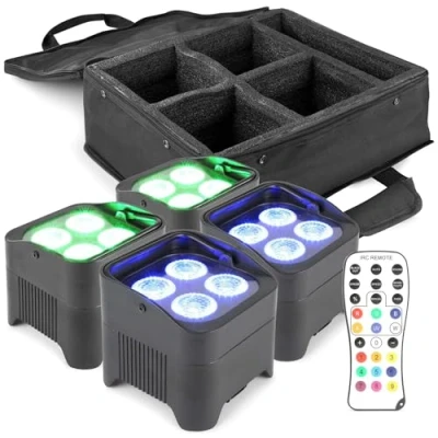 Image de BeamZ BBP94 Lot 4 Projecteurs PAR Uplight sur Batterie RGB DMX 40 Watts avec Sac de Transport Autonomie 9H, Idéal pour Éclairage Salle, Mariage, Jardin, Architecture, Hôtel, Restaurant
