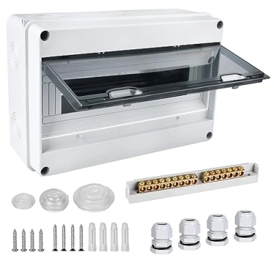 Image de Boîte à fusibles en saillie IP65 avec 1 rangée 15 modules, bornes laiton, répartiteur pour pièces humides, jardins, extérieur, villas, colonnes de chargement