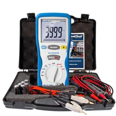 Image de PeakTech 2705 Milliohmmètre Numérique avec Cordons de Mesure Kelvin à 4 Broches, Distance, TÜV/GS, Multimètre, Testeur Continuité, Bargraph CAT III 1000 V