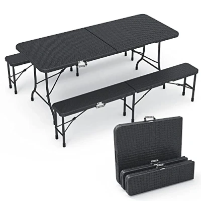 Image de vounot Ensemble Table Pliante et Bancs Pliables Camping 180cm HDPE Style Polyrotin 8 Places Fonction Portable Convient pour la Terrasse, Le Camping, Jardin, de Pique Nique Noir