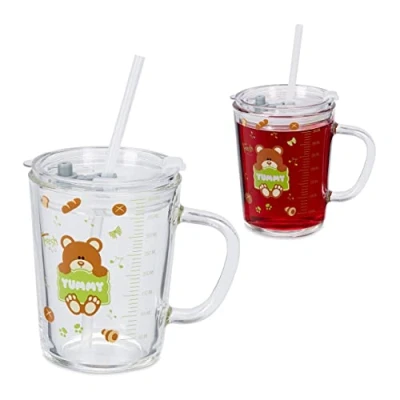 Image de Relaxdays Verre pour Enfant en Lot de 2, Motif d&#039;ours Brun, avec Anse, Couvercle et Paille, 400 ML gradué, Transparent