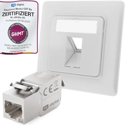 Image de hb digital Prise réseau CAT 6a encastrée 1 port RAL9003 blanc de signal + module Keystone RJ45 LAN Ethernet encastrable pour 5e 6 500 MHz 10 Gbit/s STP