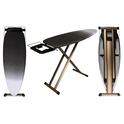 Image de Table à Repasser GoldVIPZone de Repassage 130x47 cmAluminium anodisé ExclusifProtections + roulettesRésistante, légère et StableSupport Fer CoulissantHauteur réglable 100 cm