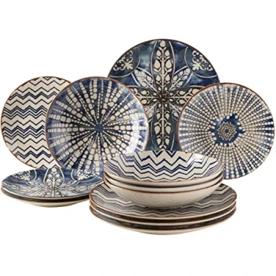 Image de MÄSER 934017 Iberico Blue Service de table 12 pièces pour 4 personnes style mauresque avec différents motifs vintage en grès blanc et bleu