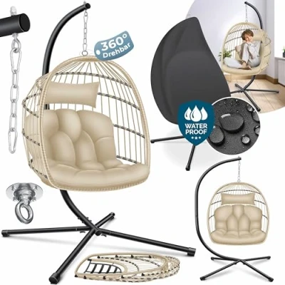 Image de KESSER® Fauteuil Suspendu Effet Jungle avec Structure en Acier Panier Grand Coussin + Fixation pour Plafond Balançoire Suspendue intérieur et extérieur (Beige)