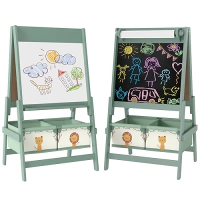 Image de AIYAPLAY tableau enfant 3 en 1, chevalet enfants à double face, noir et blanc, avec rouleau de papier 2 paniers rangement, cadeau jouet educatif créatif pour 8 ans, vert